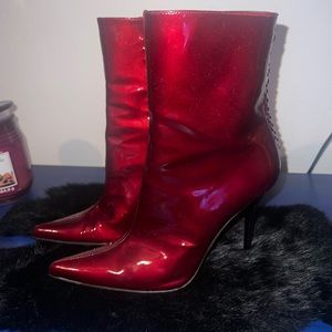 Stuart Weitzman Candy Apple Red booties w/ Chain Detail